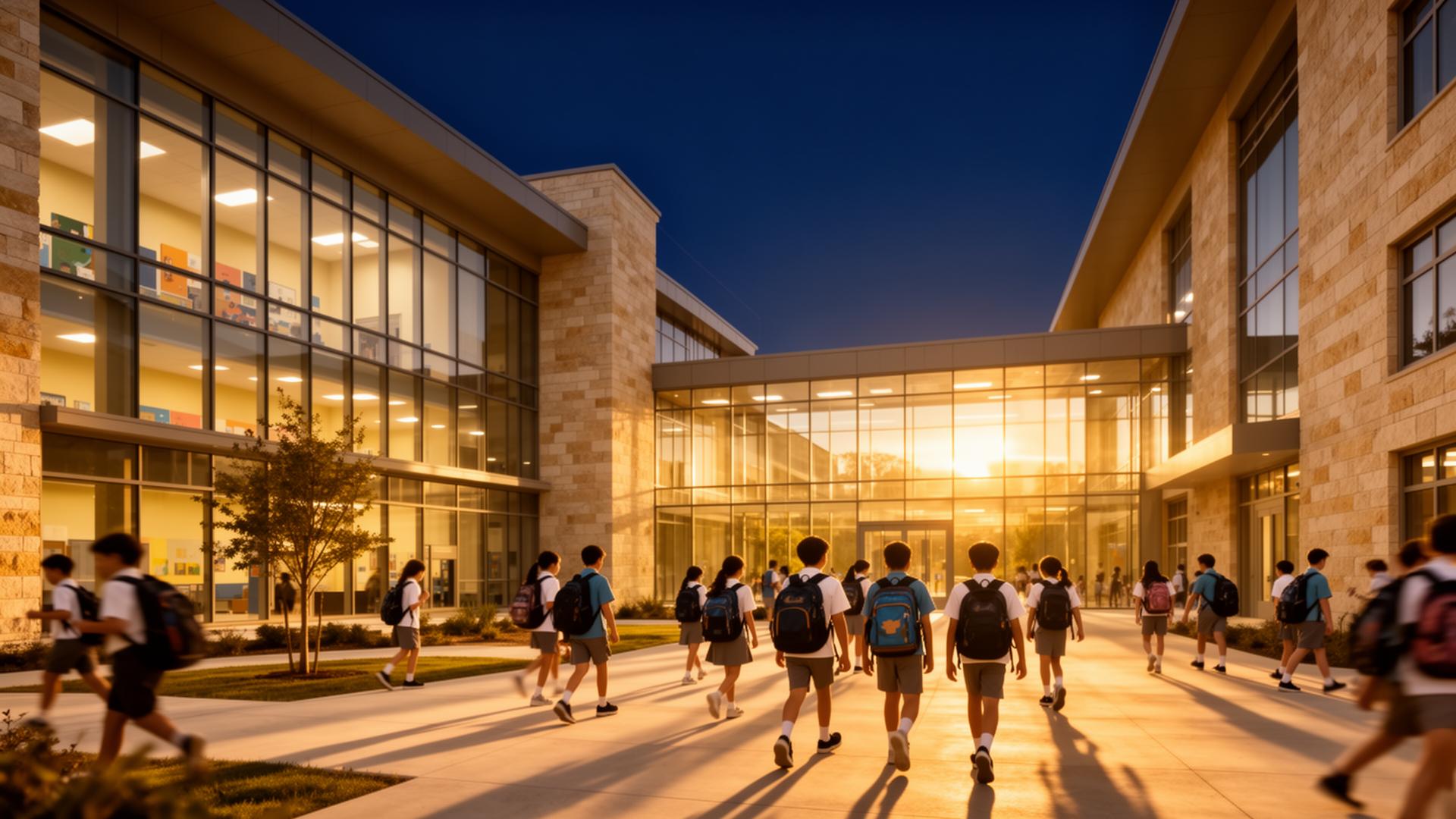 International school campus at golden hour